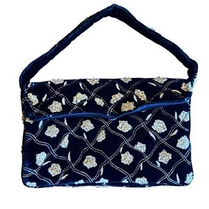 Black Velvet and Gold Embroidered Floral Handbag Lattice Design